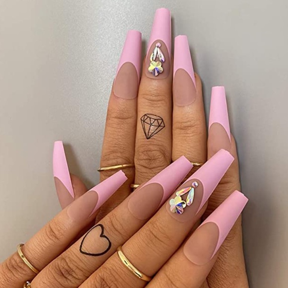 🆓 Pink Crystal Extra Long Coffin Nails - Picture 2 of 5